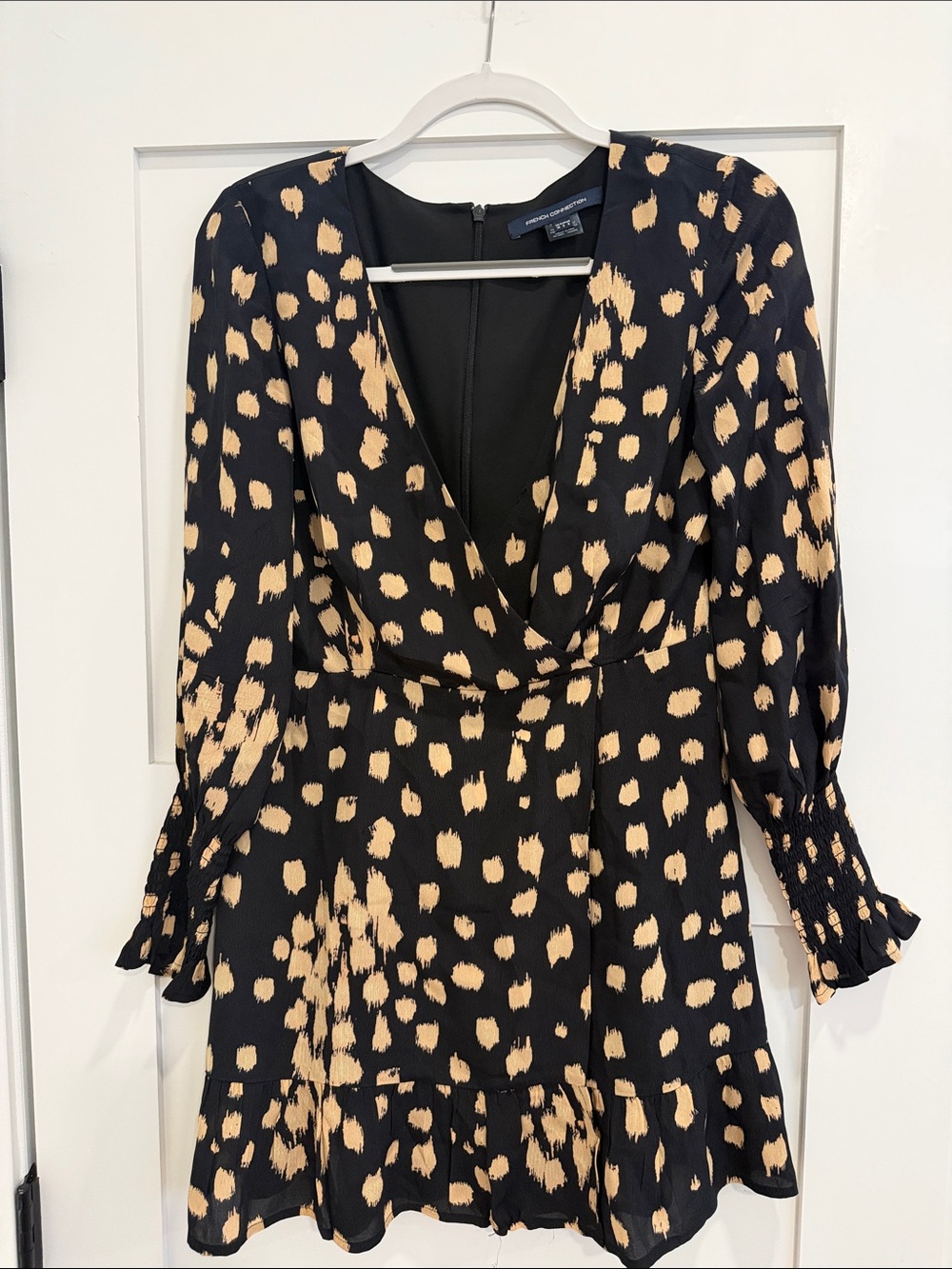 French Connection Black & Tan Abstract Print Ruffle Mini Dress